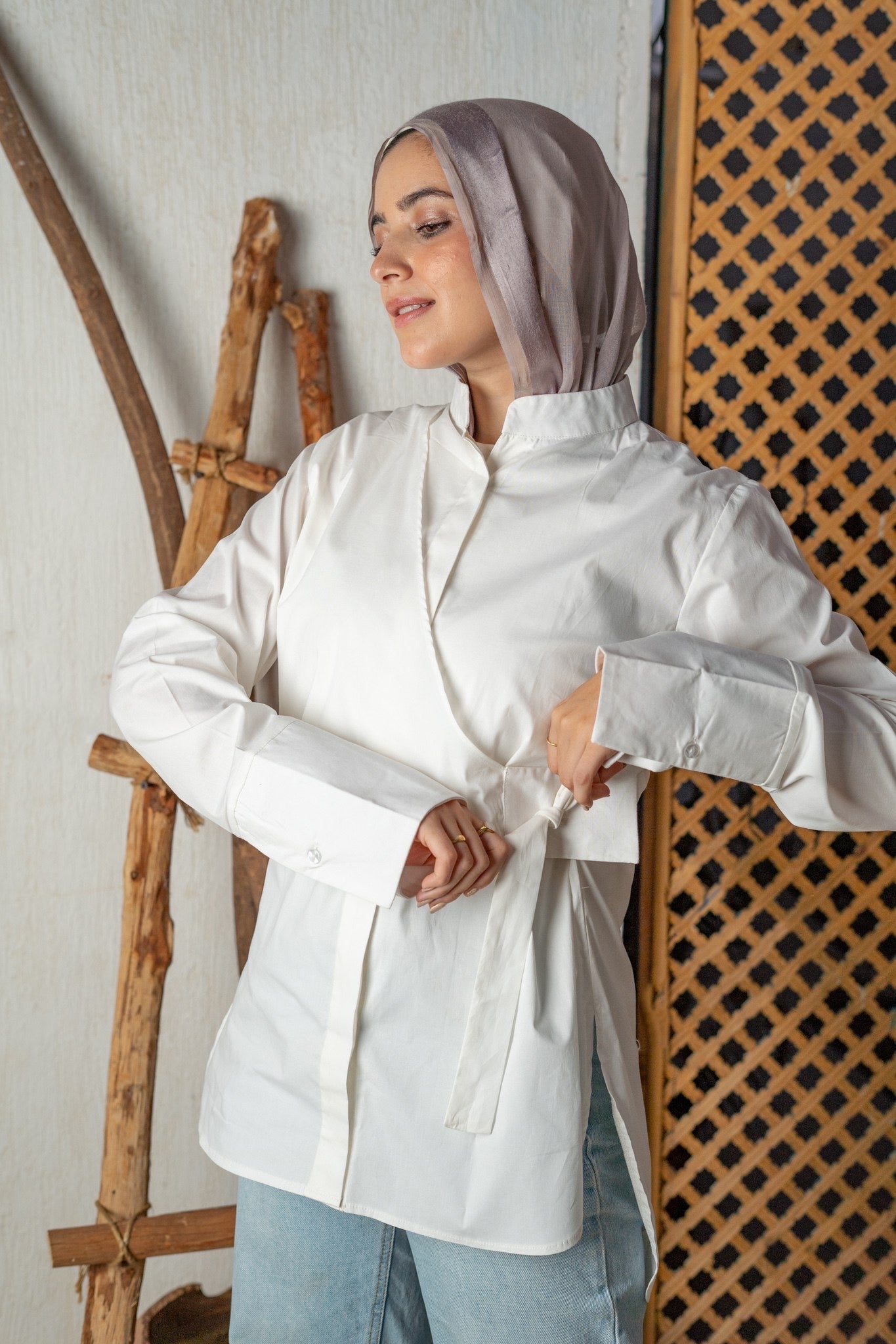 Wrap poplin shirt in off white & mint
