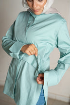 Wrap poplin shirt in off white & mint